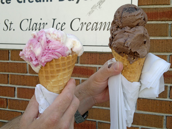 2 HUGE single scoop cones from the Maple Leaf Dairy Ice Cream Parlor Toronto
